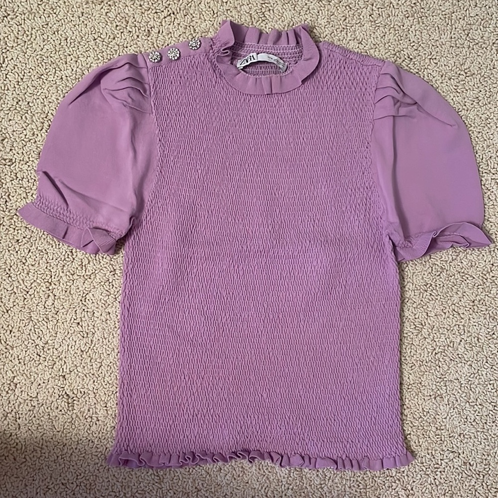 NWOT Zara Purple Lavender Smocked Ruffle Short Sleeve Jewel Top Mock Neck